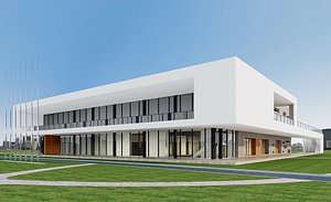 Modern Cultural Center Exterior - White Box Pavilion with Terrace and Bridge