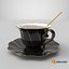 Black Porcelain Tea Cup with Saucer and Spoon 3D