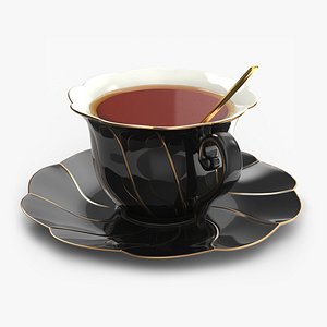 Black Porcelain Tea Cup with Saucer and Spoon 3D