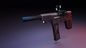 SMG Gun with Red Dot Sight and Suppressor