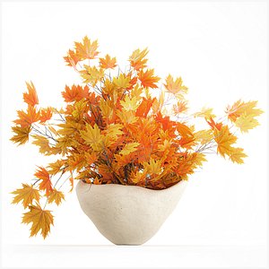 3D Realistic autumn bouquet twigs yellow maple leaves vase decor