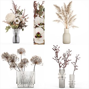 Realistic bouquets 5 hydrangea holly poppy branch glass vase model