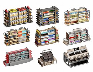 3D Supermarket Grocery Display Shelves Collection
