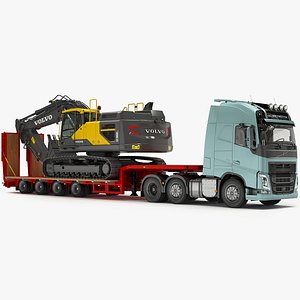 Volvo FH and Excavator VOLVO EC380El on Lowboy Trailer