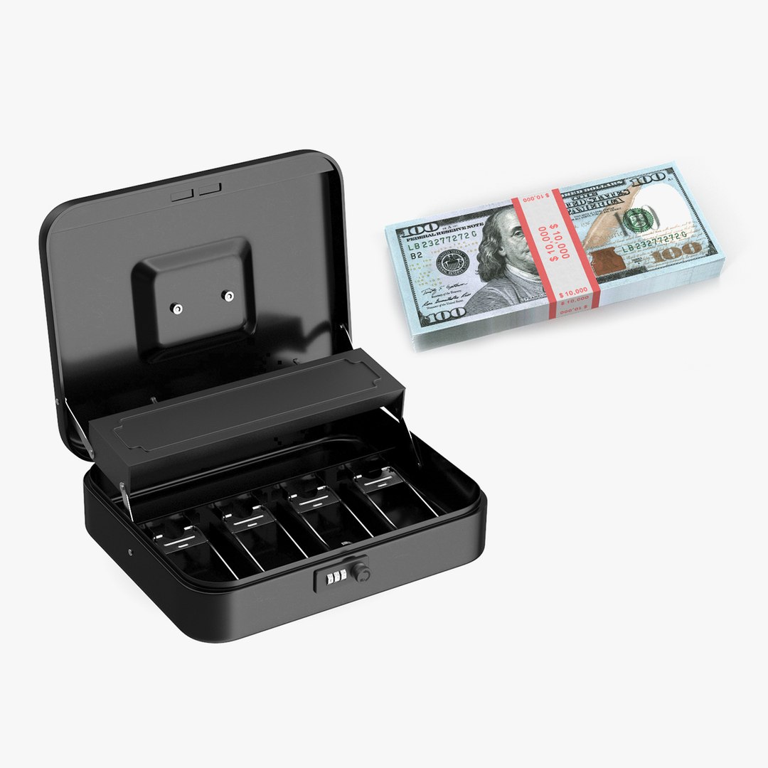 Rigged Cash Box with Dollar Banknotes Collection 3D model preview