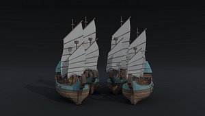 Low-poly Cartoon fantasy asion ships Polygonal model