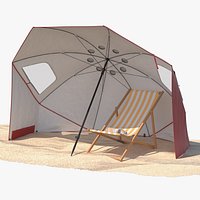 Umbrella Tent with Beach Chair on Sand Red