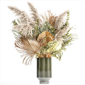 Bouquet Of Dried Flowers Vase Palm Leaf Pampas 302