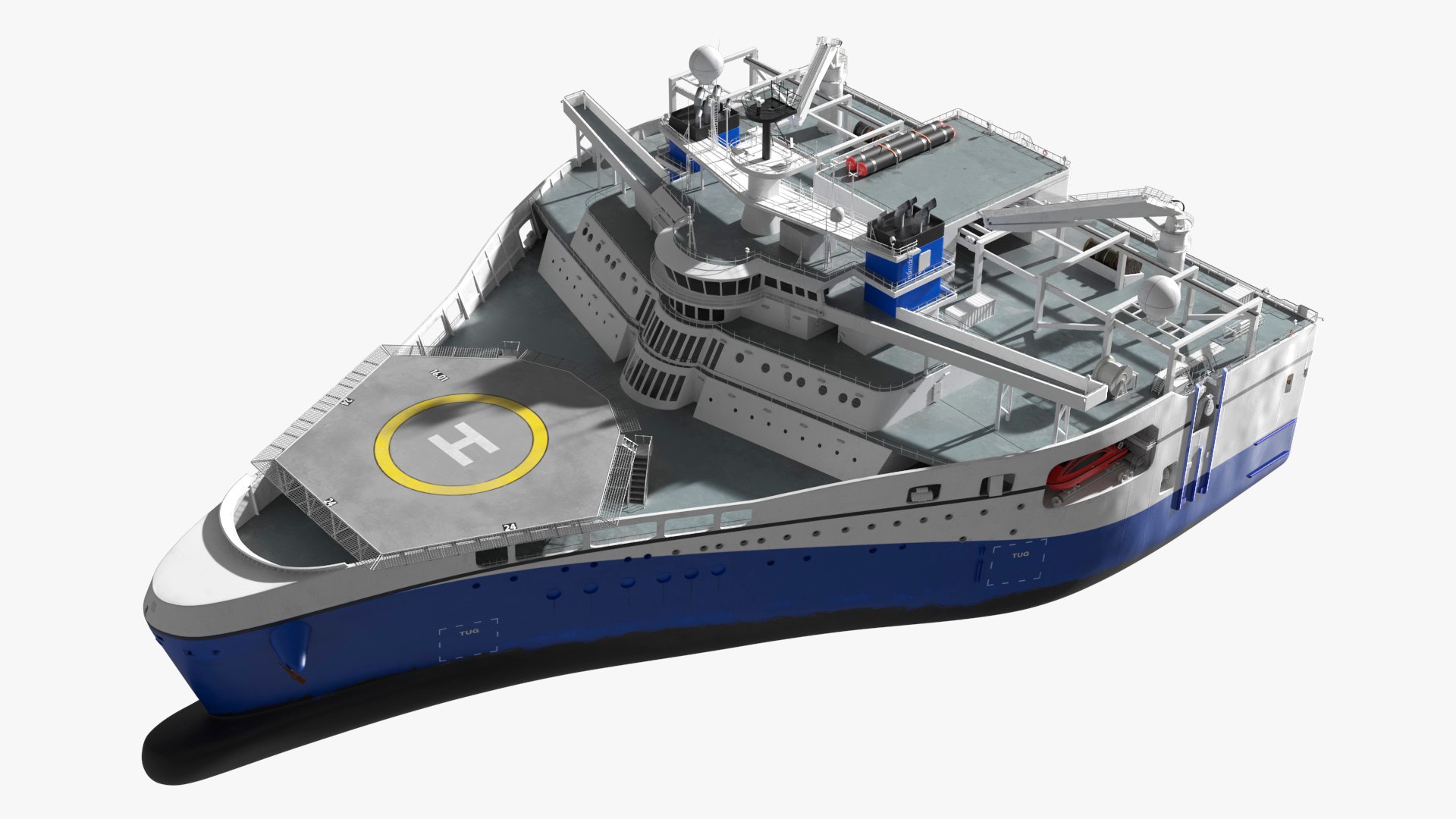 Marine Research Vessel with Side Lifeboat White and Blue 3D model preview