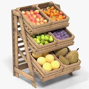 3D Fruits Large Wooden Rack and Crate with Fruits v3 model