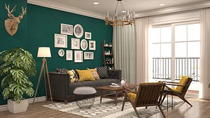 3D mid-century modern living room model