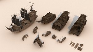 Vintage Pirate Ship Damaged Wreck Vessel Pack