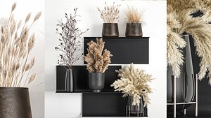 Bouquets of dried flowers and reeds in a vase on a decorative shelf