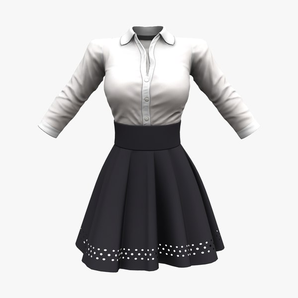 Korean Style White Shirt Ruffled Mini Black Skirt Formal Outfit 3D ...