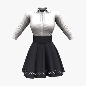 Korean Style White Shirt Ruffled Mini Black Skirt Formal Outfit