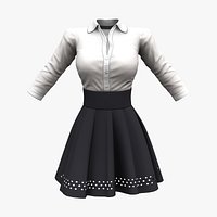Korean Style White Shirt Ruffled Mini Black Skirt Formal Outfit