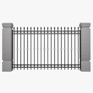 Decorative wrought iron fence with concrete pillars