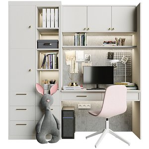 Children wardrobe with a table and an armchair and a soft toy