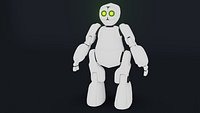 White toy robot with black and green light eyes
