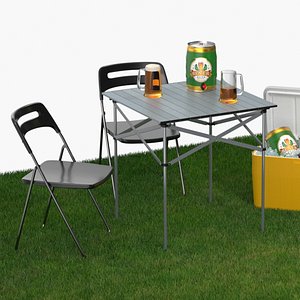 Outdoor Picnic Set with Folding Table Chairs and Cooler with Fur 3D