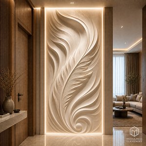 Modern Feather Wall Panel Decor Bas Relief Mural STL CNC 56 3D model