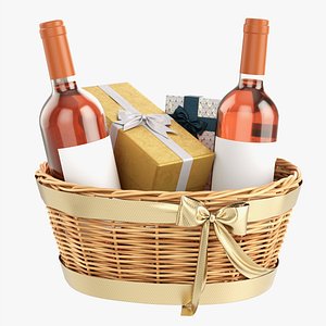 Wine bottle in wicker wooden basket 02 3D model