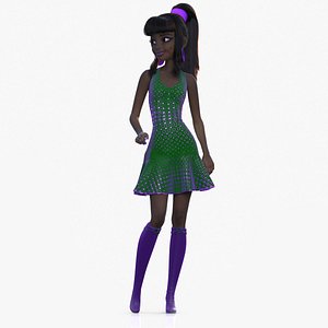 Cartoon Girl African Modern Dress Standing Smiling Green 3D model