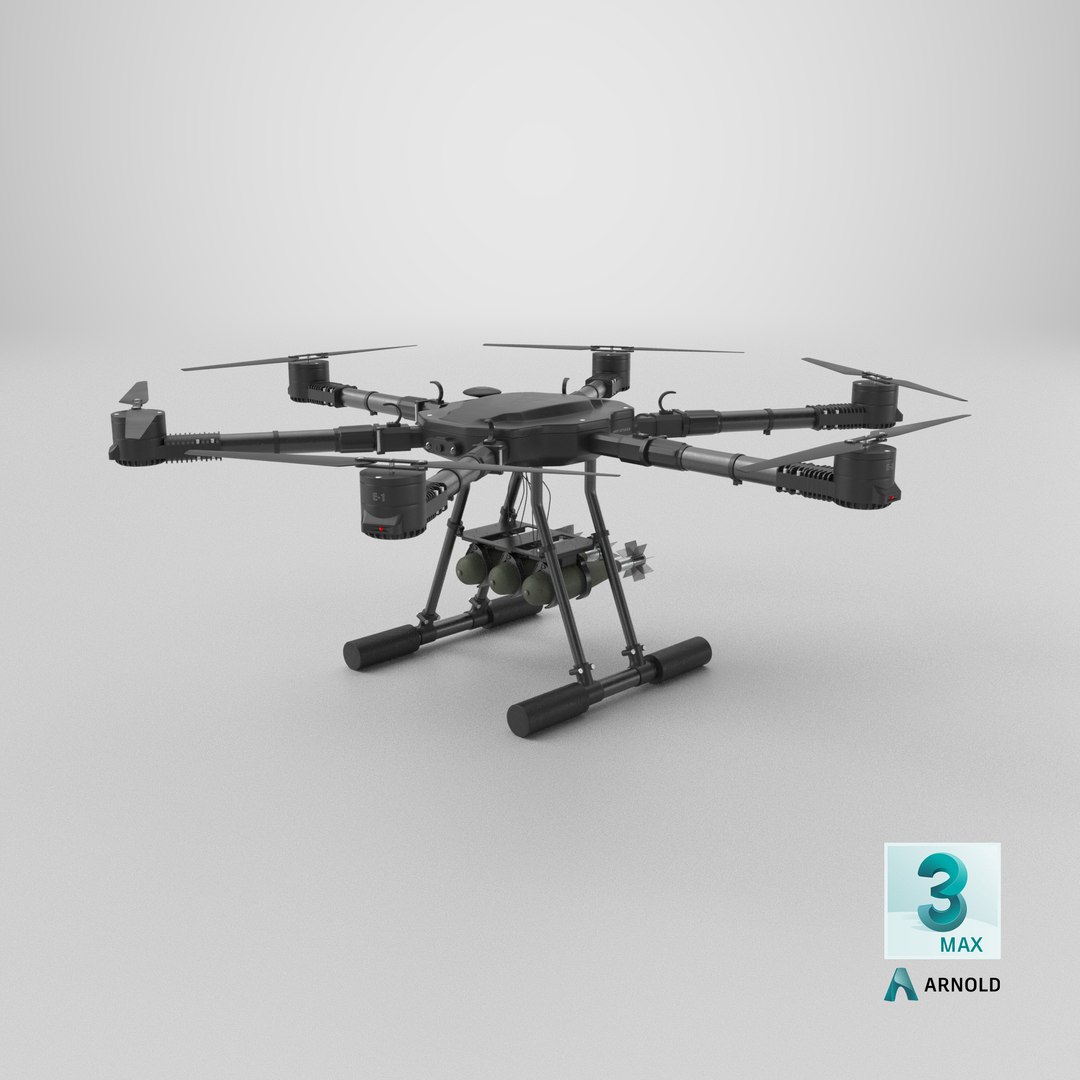 3D model Military Hexacopter UAV - Weaponized Combat Drone with Bombs https://p.turbosquid.com/ts-thumb/a0/peRv6U/wz/stemcell_max_arnold_render/png/1778266055/1920x1080/fit_q87/ecf7a1ae8c98c90ef9abe744dc7de635fcc7e352/stemcell_max_arnold_render.jpg