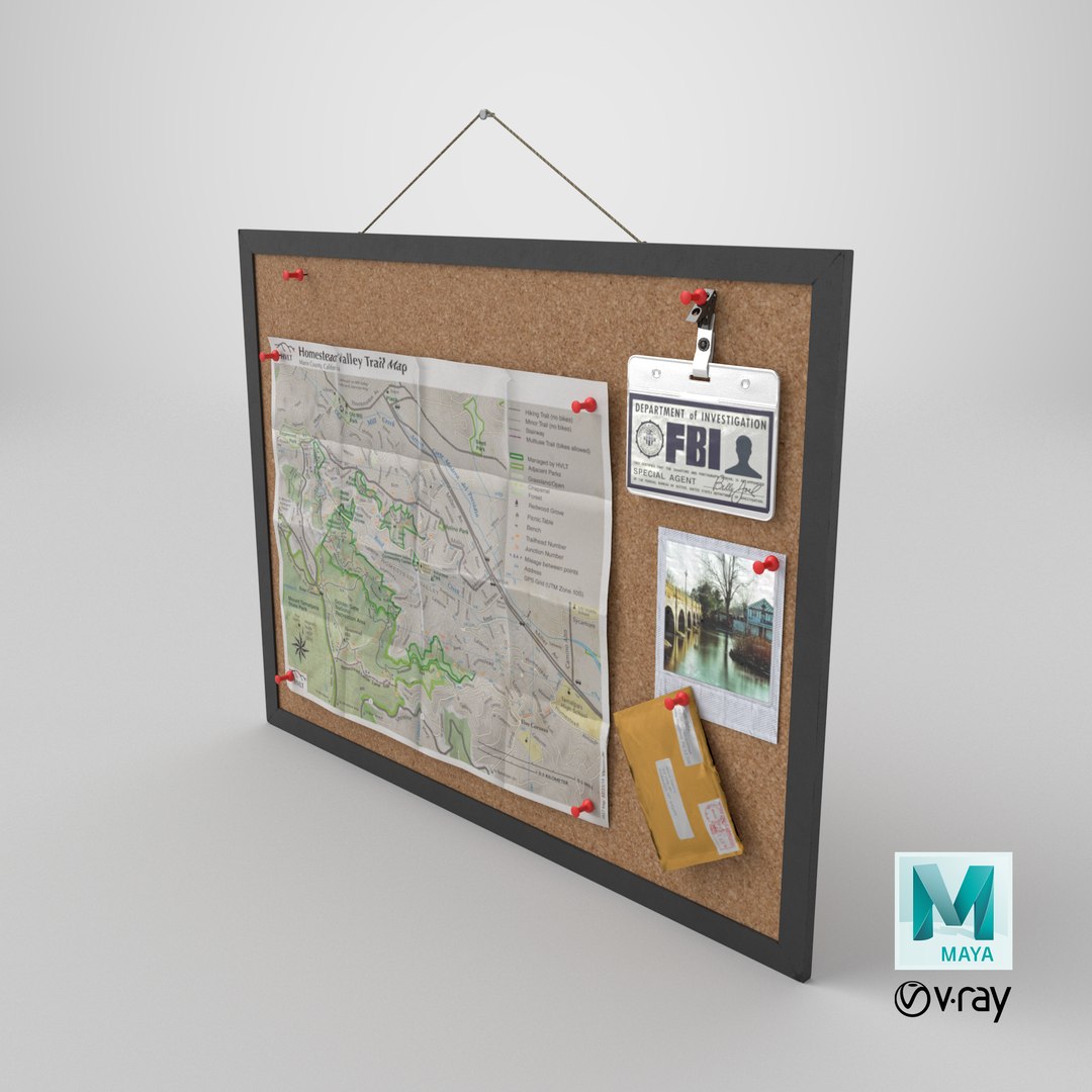 Detective Cork Board Game Ready 3D model https://p.turbosquid.com/ts-thumb/a2/YsrQH7/Mr/stemcell_maya_vray_render/png/1788265721/1920x1080/fit_q87/e46668667137d4842d6b7e1a81692502fe56d85b/stemcell_maya_vray_render.jpg