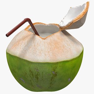 Opened Green Coconut with Straw