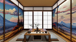 3D Japanese Contemporary tea house interior with shoji screen tatami flooring
