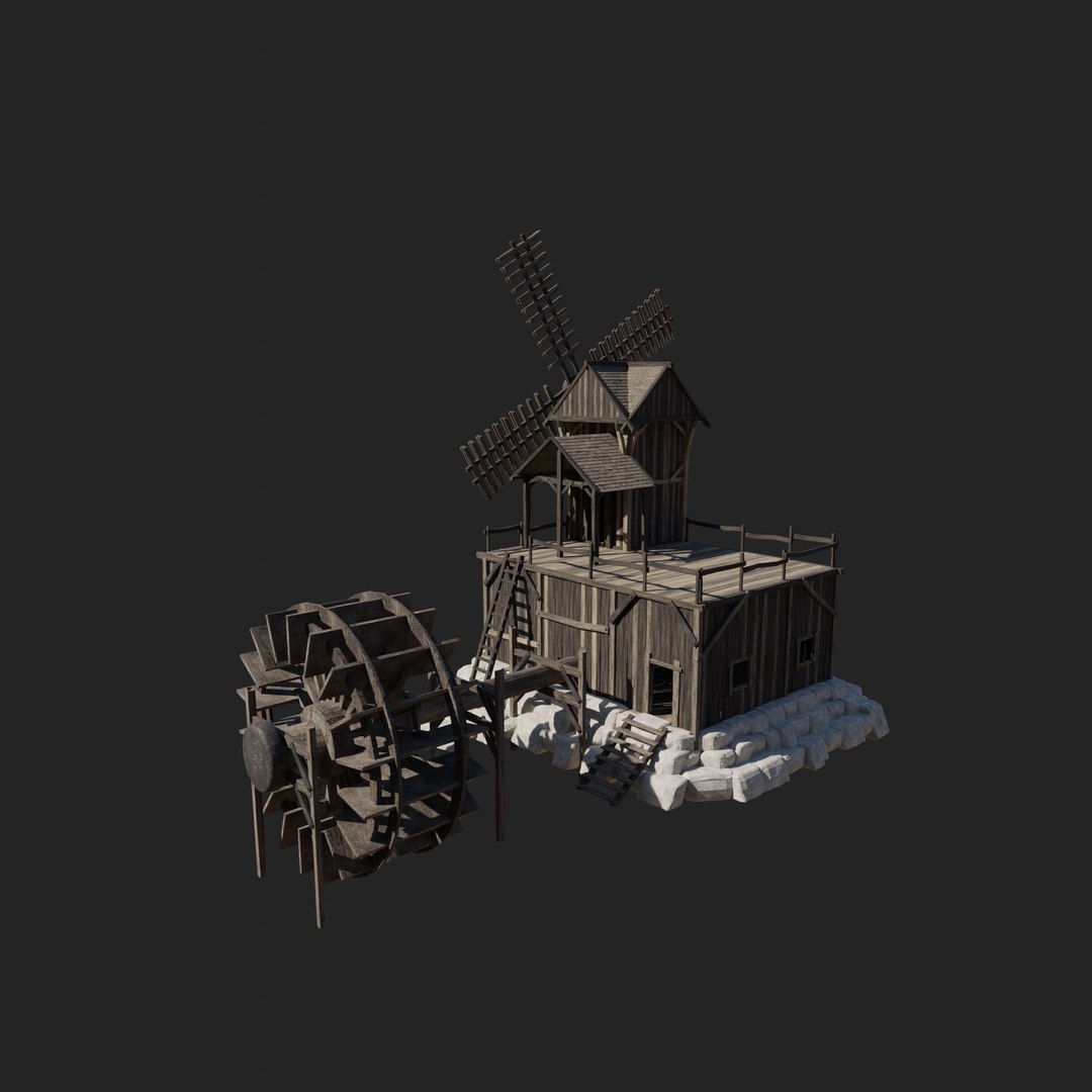3D MEDIEVAL MILL WINDMILL WATERMILL FANTASY BUILDING COLLECTION Model ...