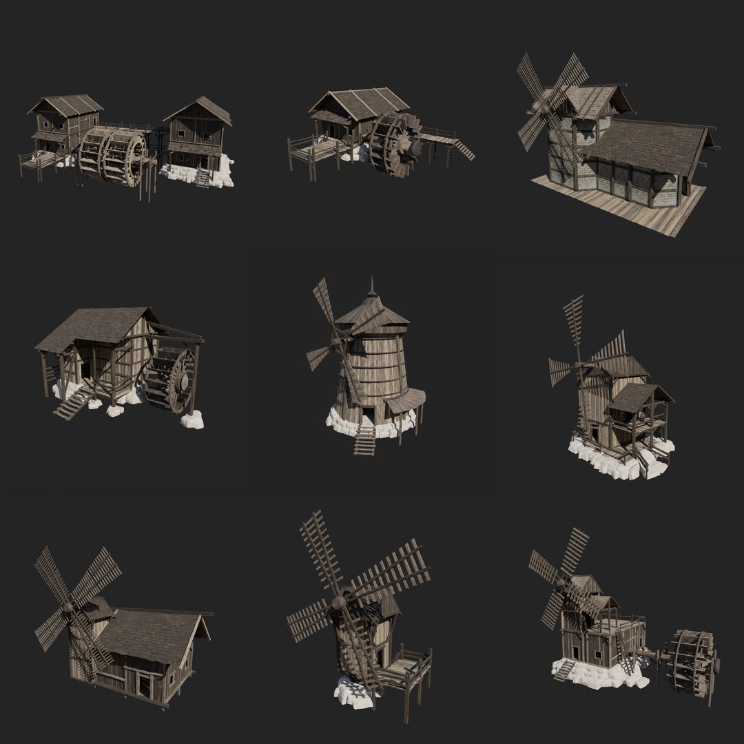 3D MEDIEVAL MILL WINDMILL WATERMILL FANTASY BUILDING COLLECTION Model ...