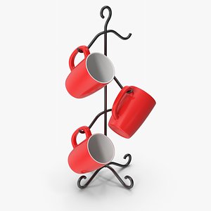 3D Mug Tree Stand With Red Mugs