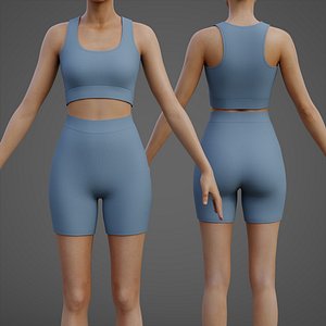 Two Piece Yoga Set - Crop Top Biker Shorts Sportswear Outfit Clothing 3D model