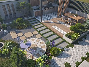 Circular Mosaic Patio Integrated Outdoor BBQ Multi-Zone Villa Courtyard