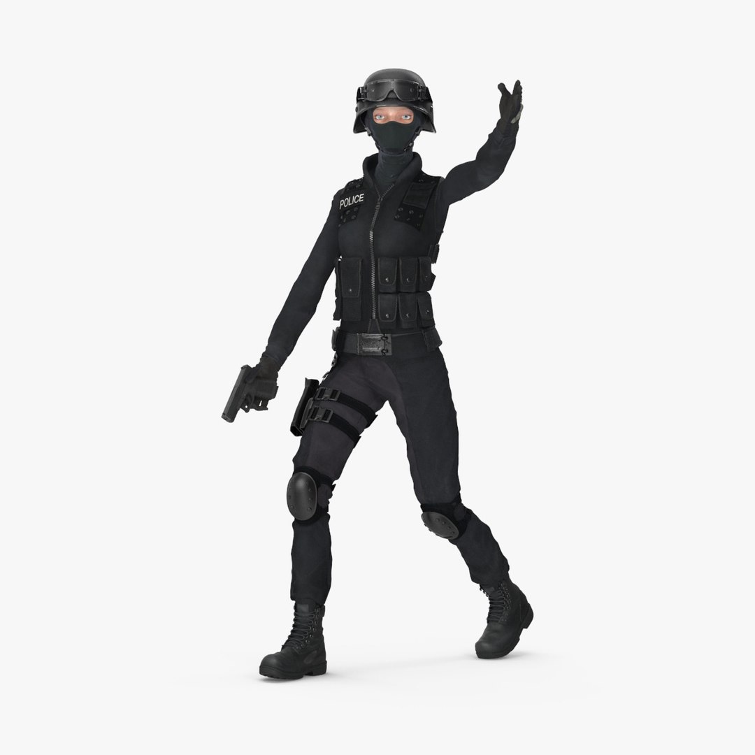 Tactical Police Officer Woman with Handgun Rigged for Maya 3D model preview