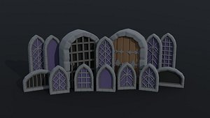 3D Low-poly cartoon medieval door and windows kit