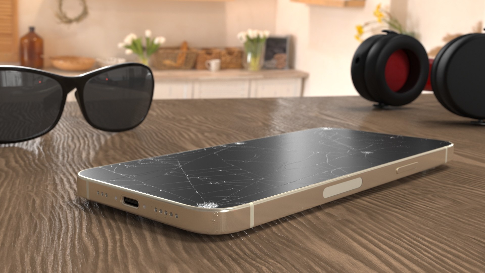 IPhone 15 Plus Golden Cracked Glass 3D model preview
