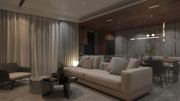 3D Living Room - Kitchen Interior 42