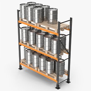 Metal Shelf Pallet Rack And Metal Barrels 3D model