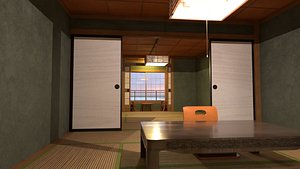 3D Traditional Japanese Ryokan Interior - Tatami Room and Hot Spring Bath model