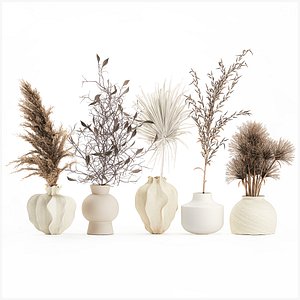 Small minimalist dried flower bouquets set branch vase decor 3D model