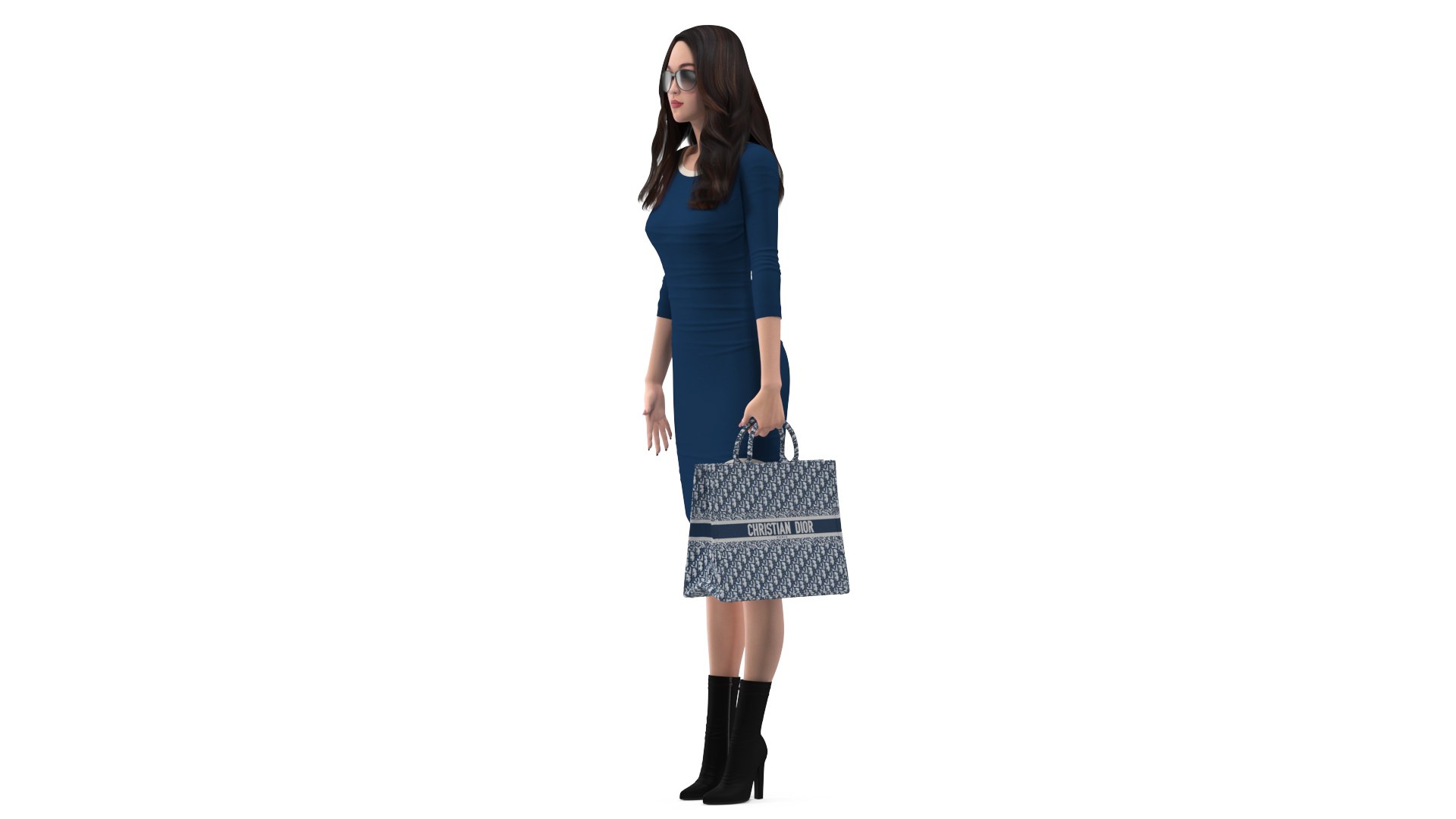 Woman Holding Navy Blue Embroidery Dior Tote Bag 3D model preview
