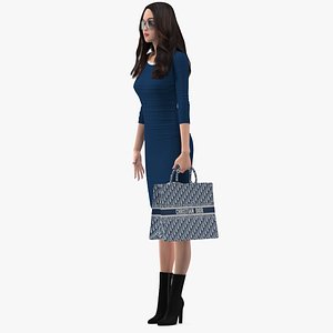 Woman Holding Navy Blue Embroidery Dior Tote Bag