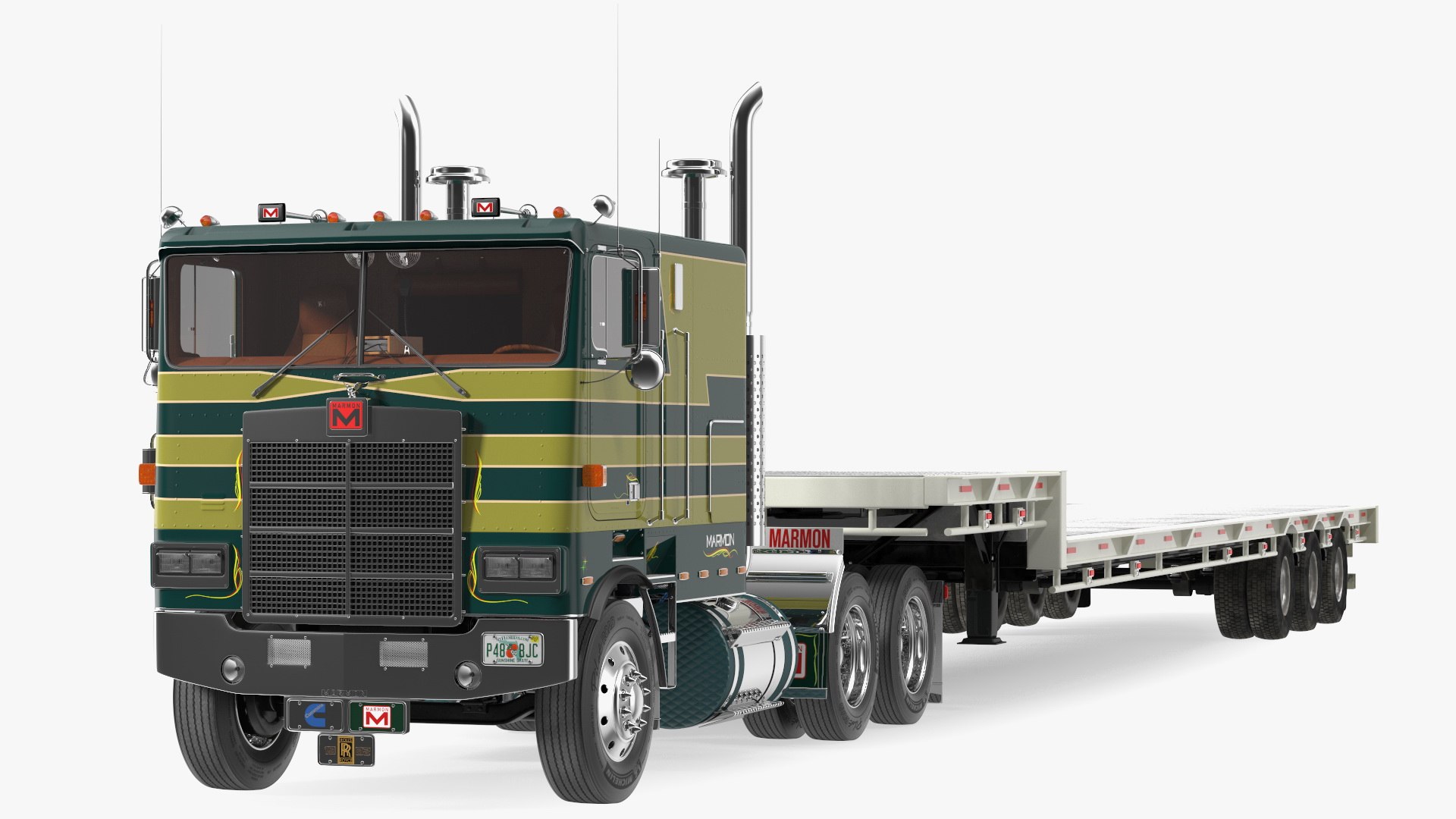 Marmon Truck with Single Drop Tri Axle Extendable Trailer Rigged 3D model preview
