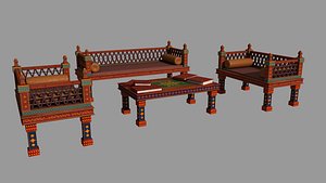 3D model Vintage Wooden Sofa Set