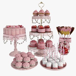 3D Pink dessert with marshmallows and wafers model