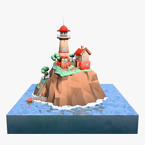 3D Cartoon low-poly lighthouse on a rocky island