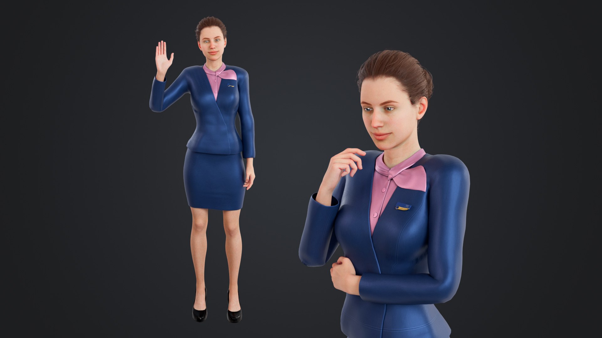 Pilot and stewardess 3D model https://p.turbosquid.com/ts-thumb/aQ/Us0Ku2/Z3/stewardess_120/jpg/1740989654/1920x1080/fit_q87/1feb6f5bd87d27c213a76e323115cd2b8214d310/stewardess_120.jpg